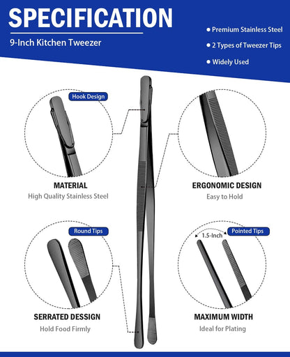 JETKONG 2 Pcs 12-Inch Kitchen Tweezers Fine Tweezer Tongs, Extra-Long Stainless Steel Cooking Tweezers (Silver)