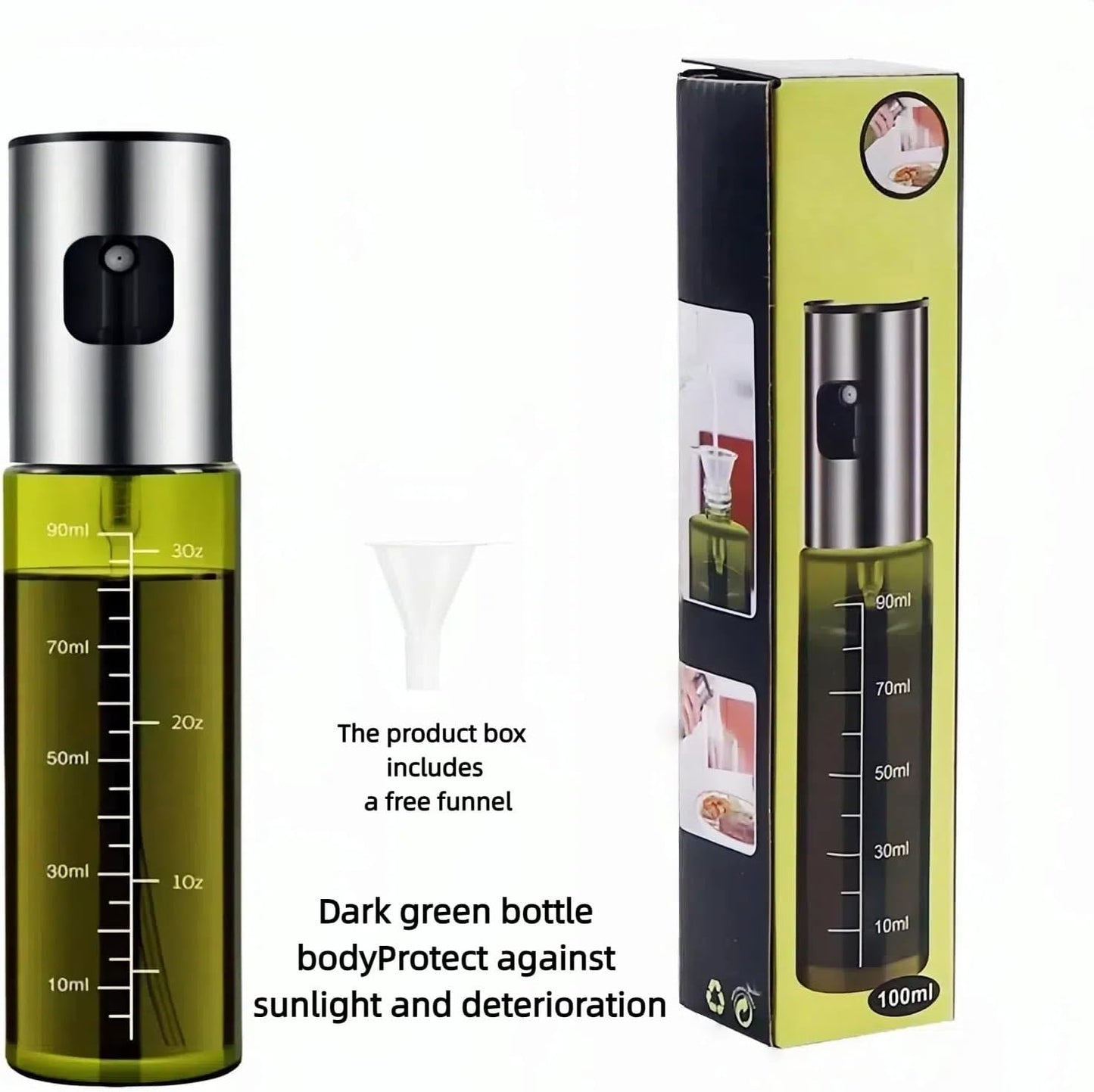 Cooking Oil Spray Bottle, Olive Oil and Avocado Oil Spray Bottle, 100ml Olive Oil Spray Bottle, Kitchen Tools, Air Fryer, Salad, Frying, Grilling (light-blocking glass)-Silver