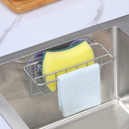 TESOT Sink Caddy Sponge Holder for Kitchen Sink Dish Cloth Hanger 2 Suspension Options(Suction Cups and Adhesive Hook), SUS304 Stainless Steel, Silver
