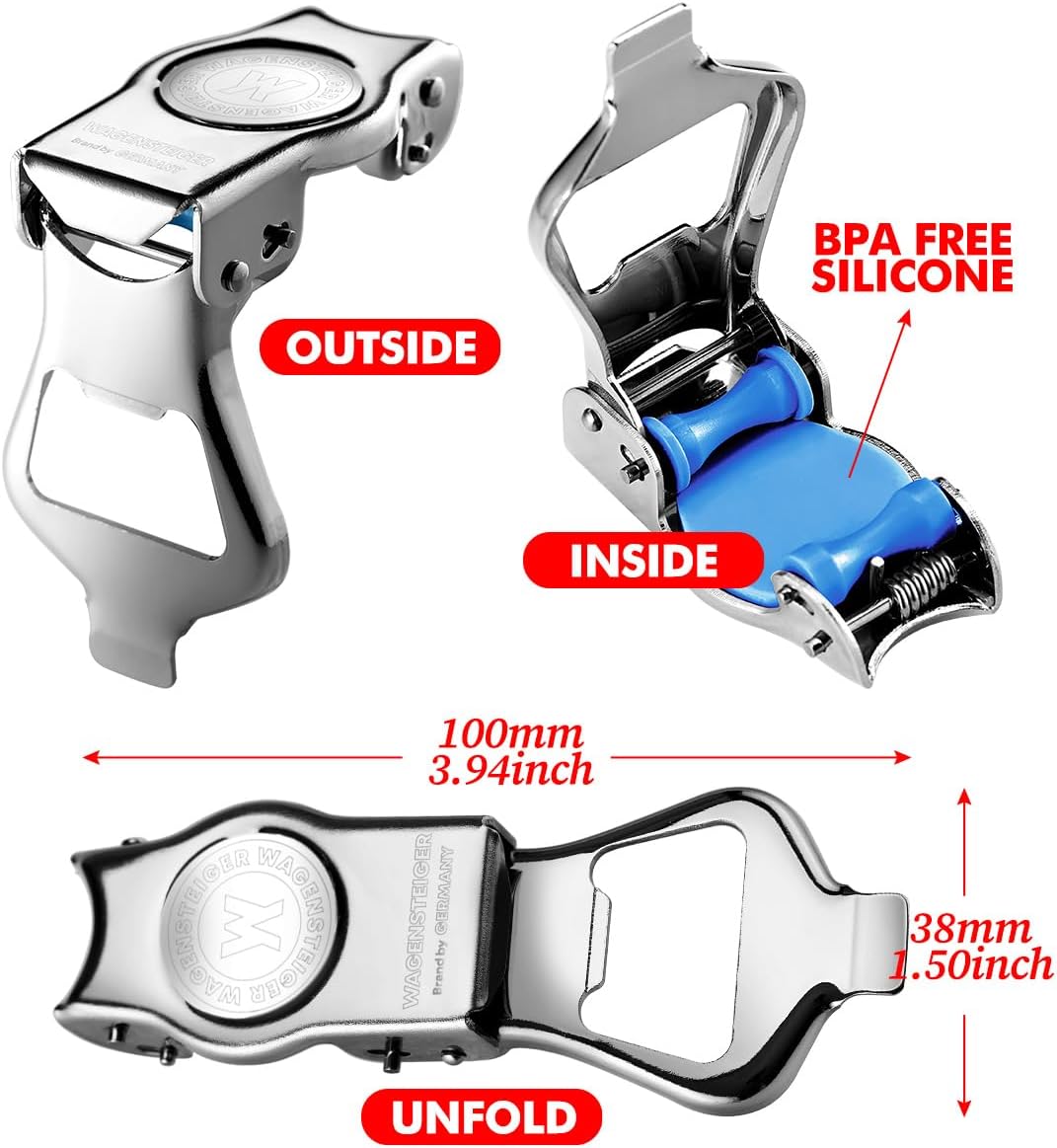 WAGENSTEIGER SUS304 Stainless Steel 3-in-1 Bottle Opener | Bottle Replacement Cap for Soda & Beer | Carbonated Drink Resealer | Soda Can Tab Opener | Stainless Multi-Use Beverage Tool