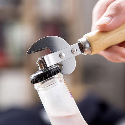 Manual Can Opener with Wooden Handle Stainless Steel Convenient and Durable Manual Opener for Beer Bottle Household Kitchen Gadget Silver