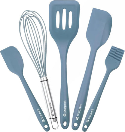 Starpack 'Flip & Whip' Premium Silicone Baking Utensils Set (5 Pcs) - 10" Green Cooking Utensils with Large and Small Spatulas, Whisk and Basting Brush - Heat Resistant to 600°F - Baking Tool Set