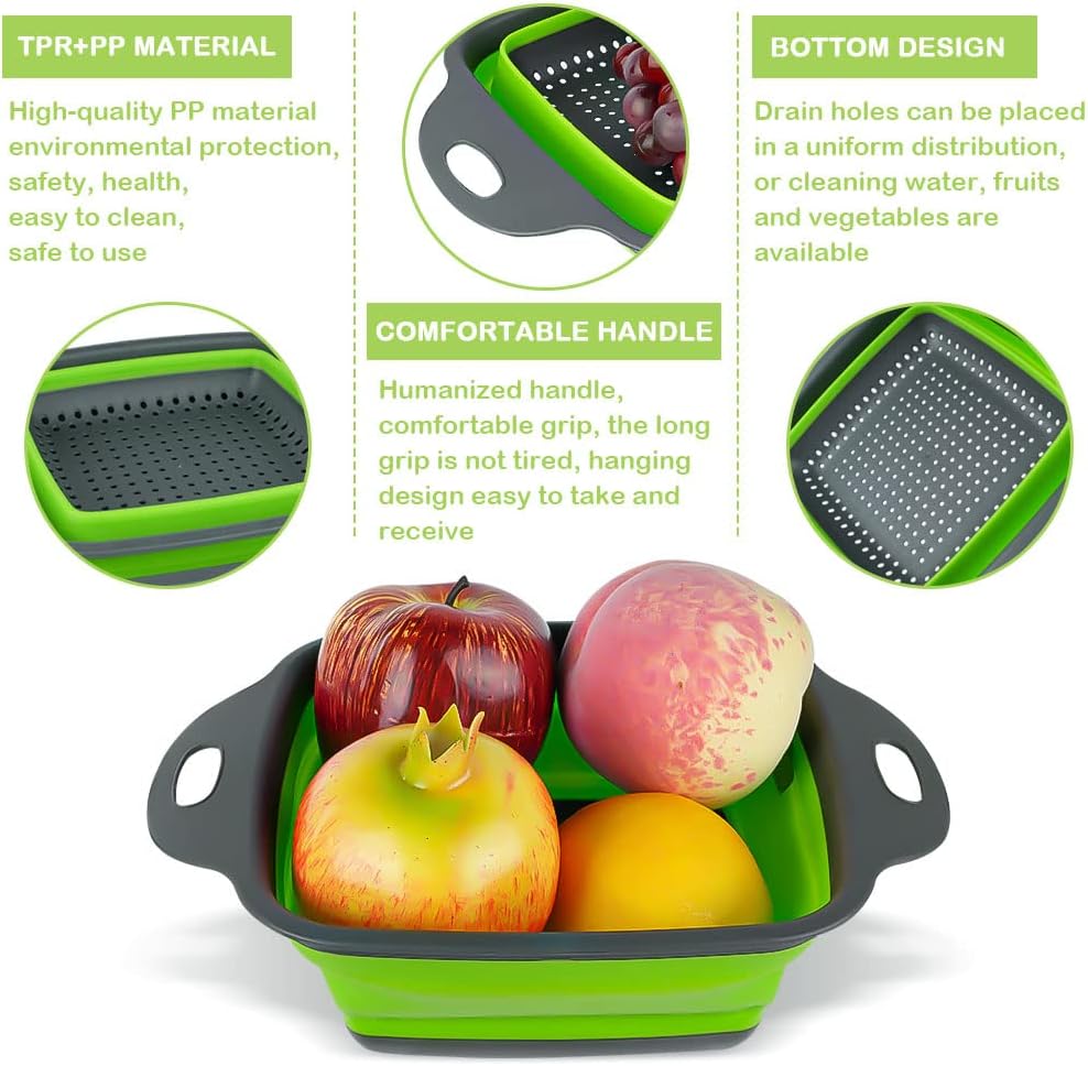 AUAUY 2 PCS Collapsible Colander Set, Square Silicone Folding Colander with Plastic Handles, Eco-Friendly Large Hole Kitchen Strainer for Draining Pasta Vegetables Fruits-1 Large and 1 Small