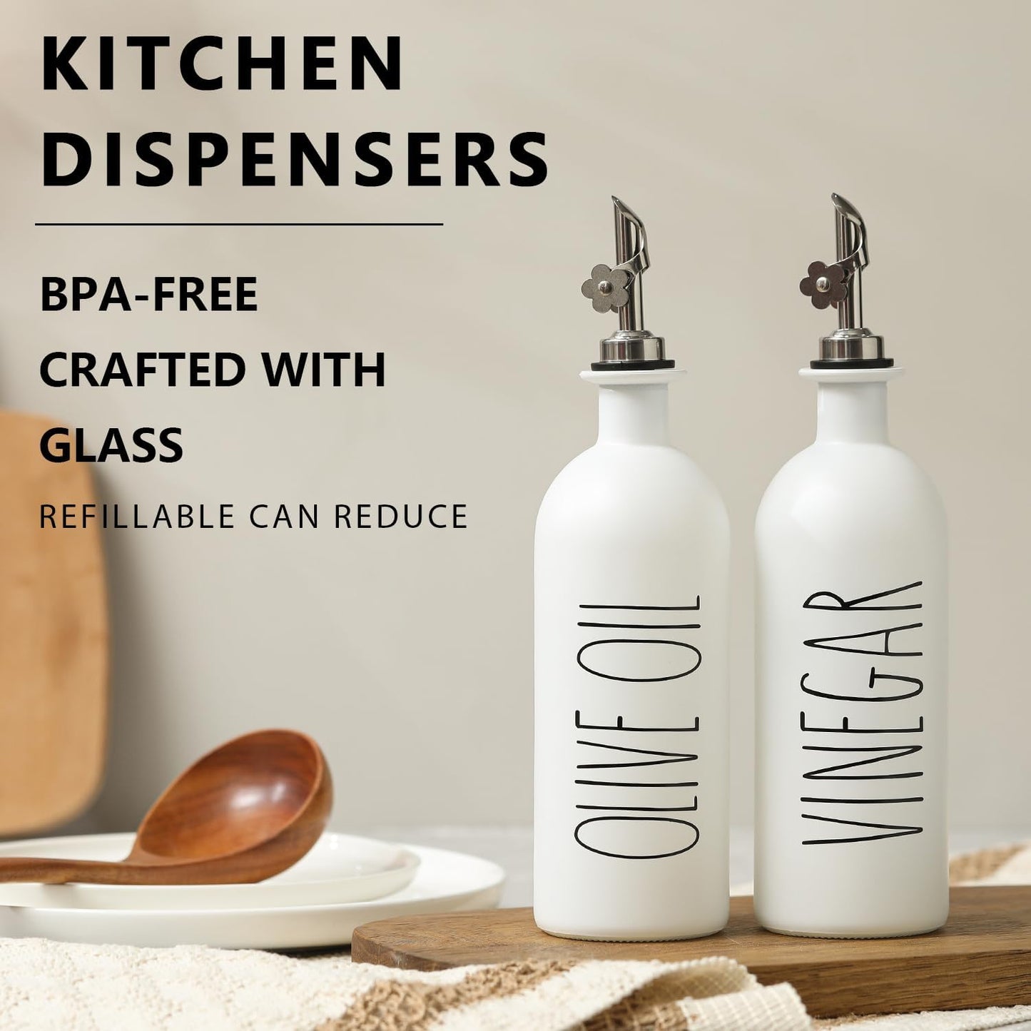 HOMCDALY Premium Olive Oil Dispenser for Kitchen, 11.8oz Glass Oil Bottles with Bamboo Tray, White and Gold Oil&Vinegar Cruet Set, Kitchen Dispenser Bottles with Pourer| Set of 2 (11.8oz –P–Gold)
