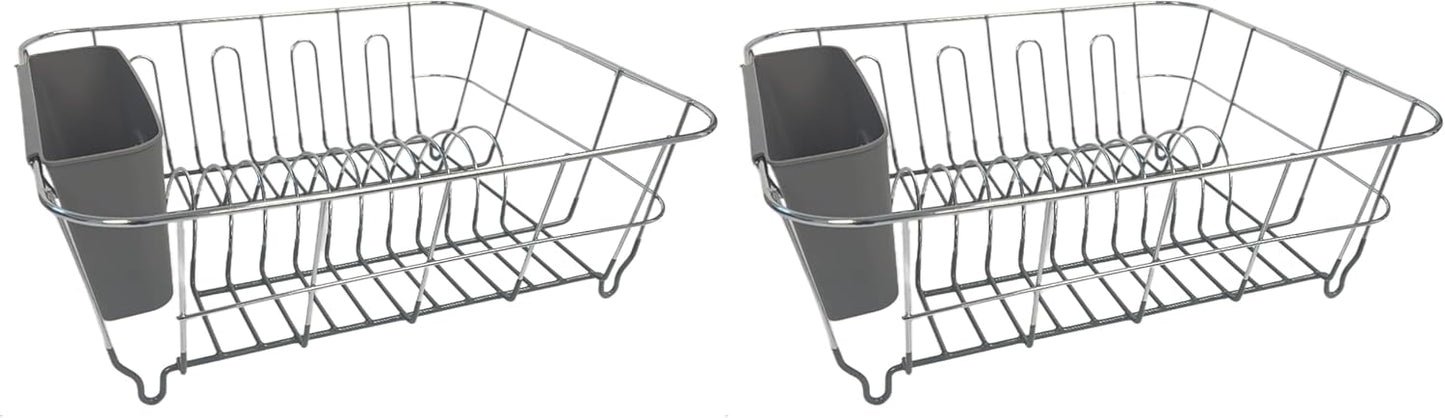 Dish Drying Rack & Cutlery Holder 2 Piece Set - Compact Sink-Fitting Dish Drainer with Rubberized Undercoating, Space-Saving Kitchen Organizer for Plates, Cups, Bowls & Utensils in Sink, Silver