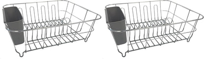 Dish Drying Rack & Cutlery Holder 2 Piece Set - Compact Sink-Fitting Dish Drainer with Rubberized Undercoating, Space-Saving Kitchen Organizer for Plates, Cups, Bowls & Utensils in Sink, Silver