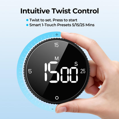 Digital Magnetic Kitchen Timer for Cooking, Large LED Visual Countdown Timer, Rotating Dial Pomodoro Focus Timer, Adjustable Volume, 5/15/25 Min Presets for Kids, Teachers, Seniors
