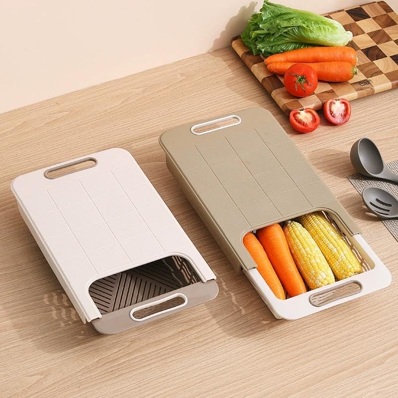 Multifunctional Over the Sink Cutting Board with Strainer Basket, Kitchen Prep Station for Vegetable Fruit Meat, Space Saving Chopping Block for RV Camping and Home Kitchen (White)