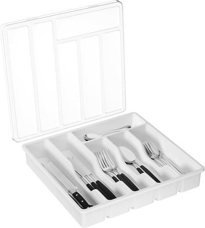 Lifewit Silverware Organizer with Lid, Covered Utensil Tray for Kitchen Drawer and Countertop, Plastic Cutlery and Flatware Storage Box for Spoons Forks Knives Holder Case, 12.6x11.8", Gray