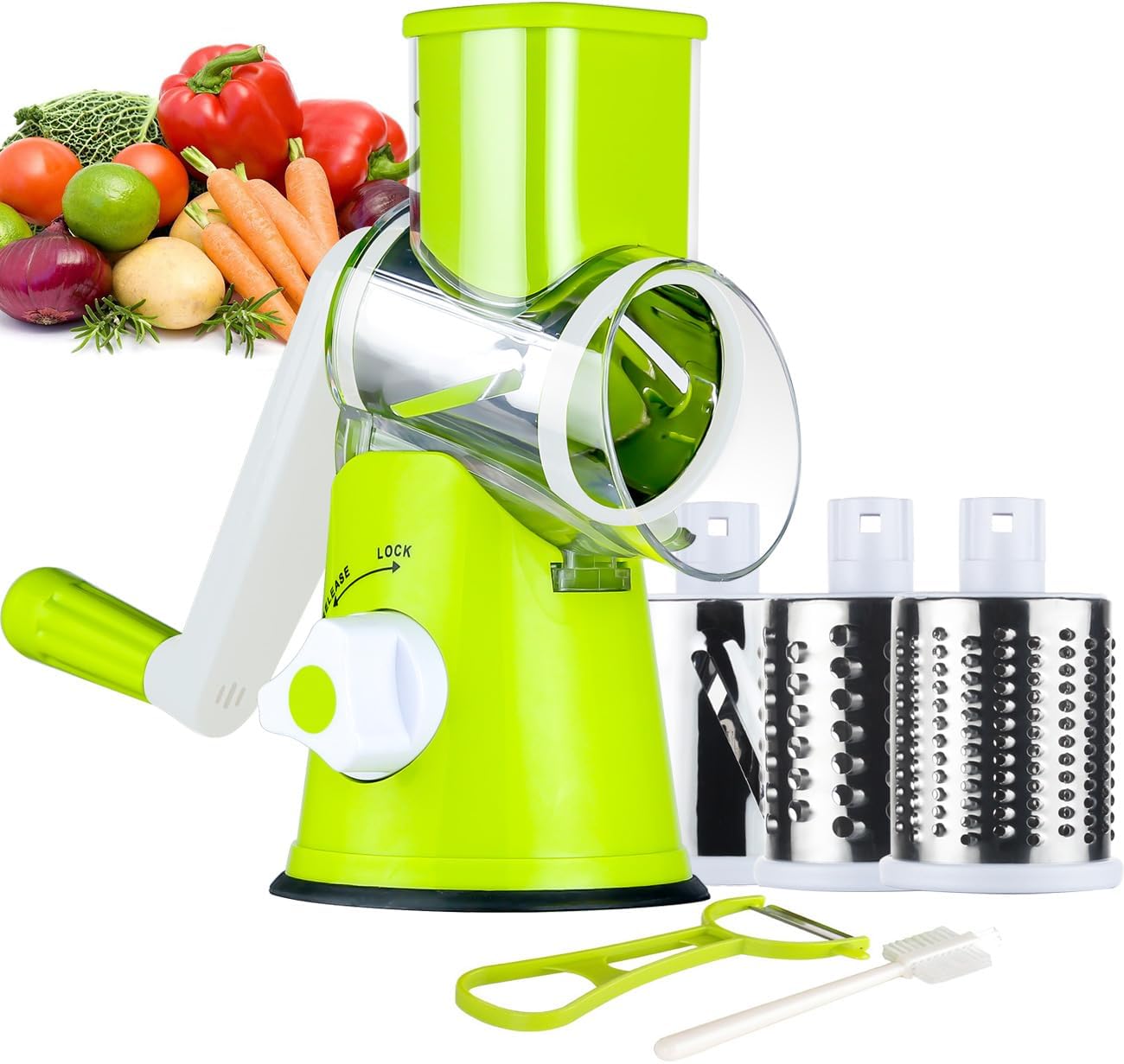 Ourokhome Rotary Cheese Grater Hand Crank, Kitchen Shredder Speed Mandolin Slicer Nut Grinder with Handle and Drum Blades for Cheese, Vegetable, Walnut, Chocolate, Potato, Carrot, 3 Blades, Dark Blue