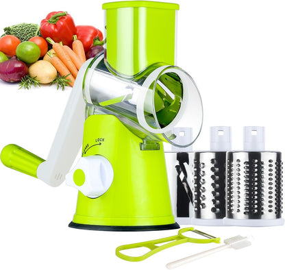 Ourokhome Rotary Cheese Grater Hand Crank, Kitchen Shredder Speed Mandolin Slicer Nut Grinder with Handle and Drum Blades for Cheese, Vegetable, Walnut, Chocolate, Potato, Carrot, 3 Blades, Dark Blue