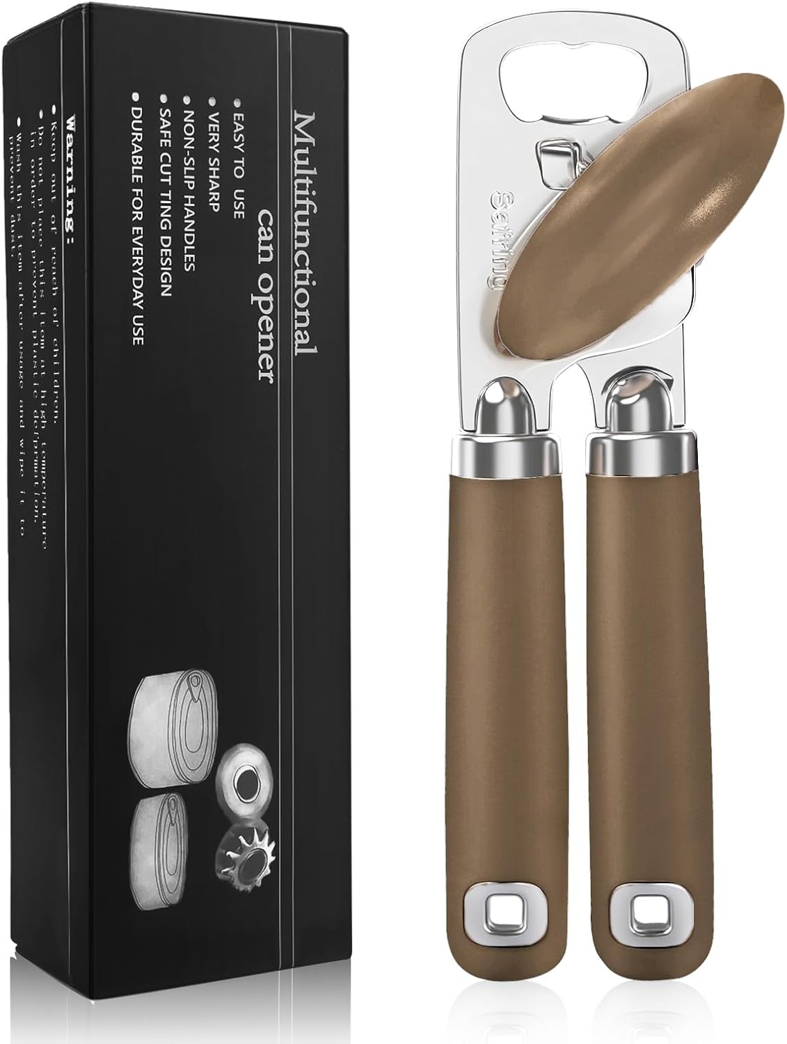 Safring Can Opener Manual, Heavy Duty Stainless Steel Smooth Edge Can Openers With Soft Touch Handle, Oversized Handheld Easy Turn Knob, Multi-Function Bottle Opener, Black