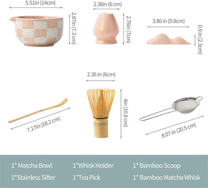 Premium 7-Piece Matcha Tea Set – Traditional Japanese Style with Elegant Grid Pattern, Includes Bamboo Whisk, Ceramic Bowl, Scoop & More – Perfect for Matcha Lovers & Tea Ceremony (Orange grid)