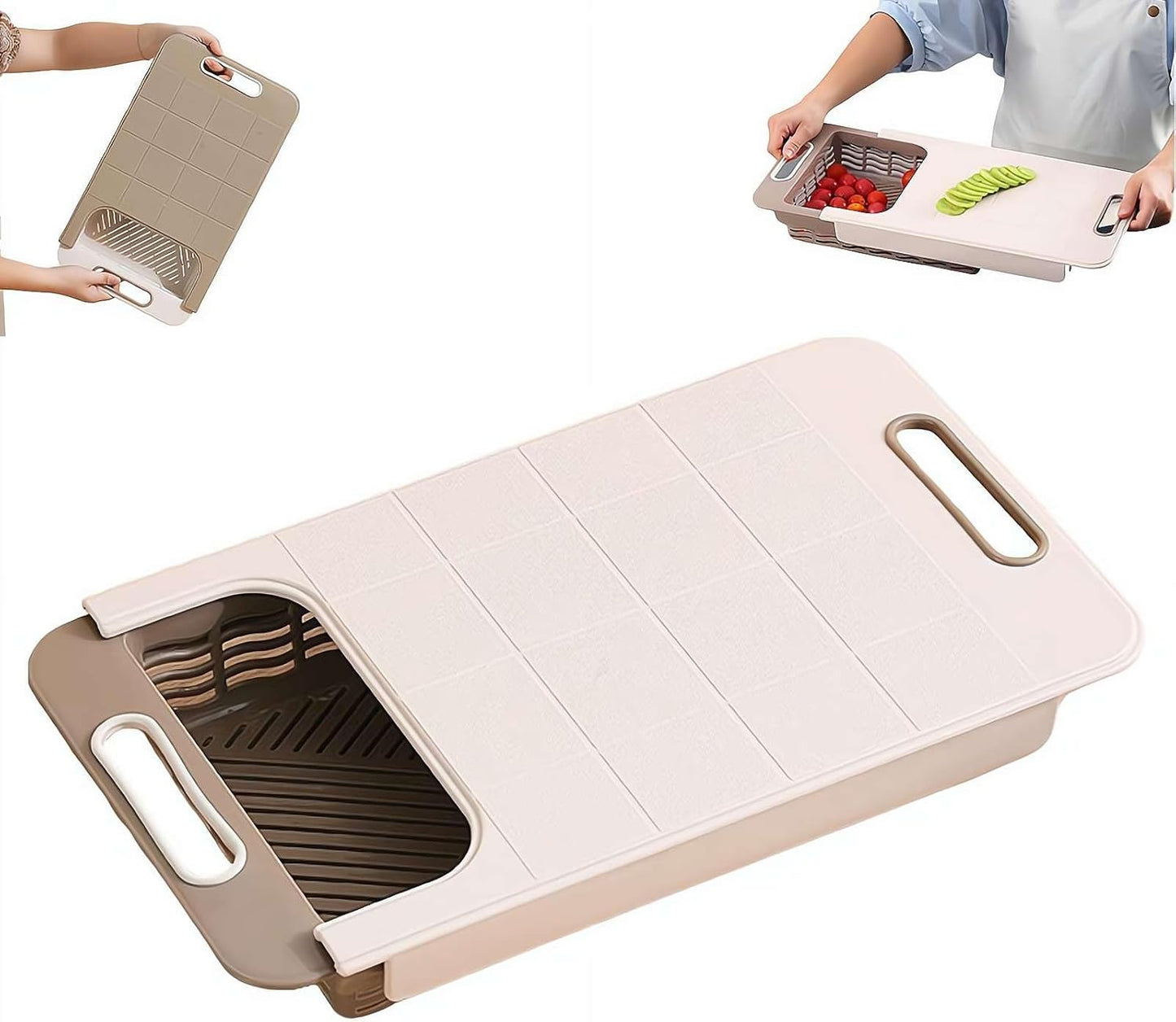 Multifunctional Over the Sink Cutting Board with Strainer Basket, Kitchen Prep Station for Vegetable Fruit Meat, Space Saving Chopping Block for RV Camping and Home Kitchen (White)