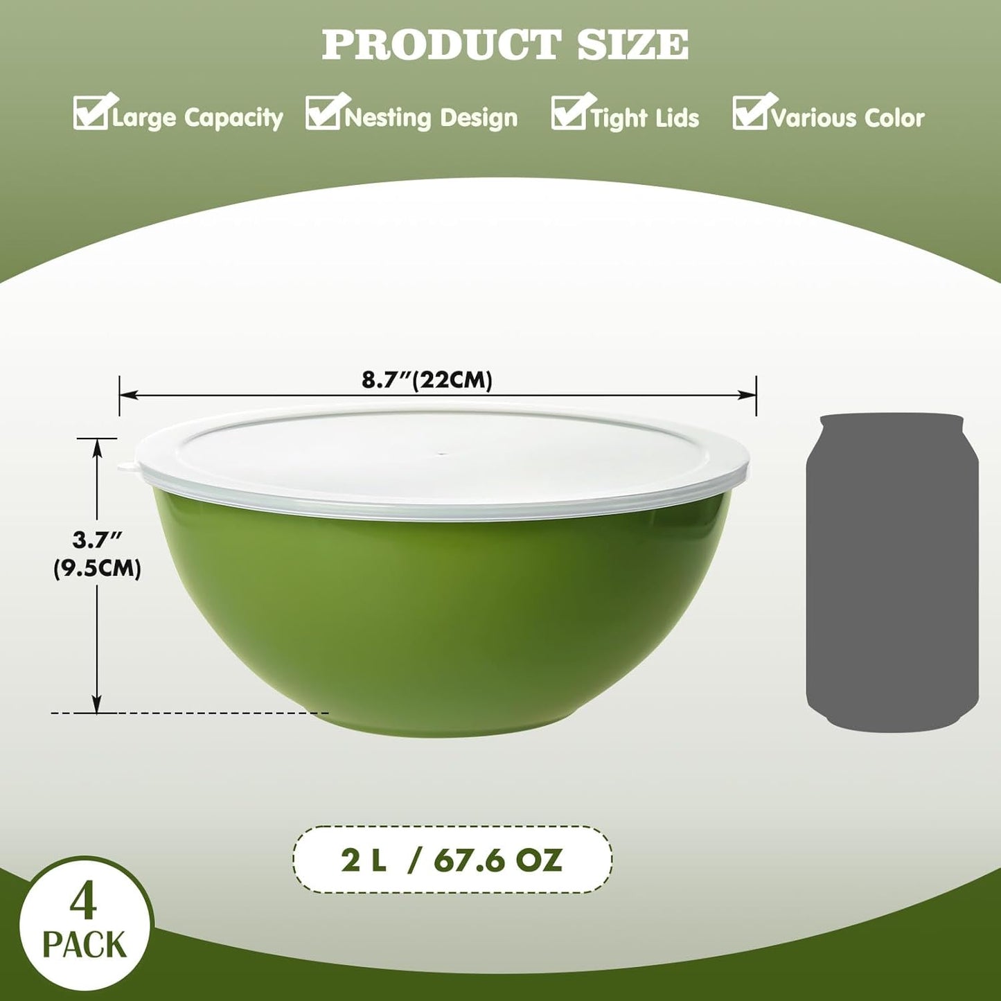 Greentainer 4-Piece Plastic Mixing Bowl Set with Lids for Kitchen, 67oz Lightweight Storage Bowls, Large Salad Bowls for Baking, Prepping, Cooking and Serving Food, Dishwasher & Microwave Safe
