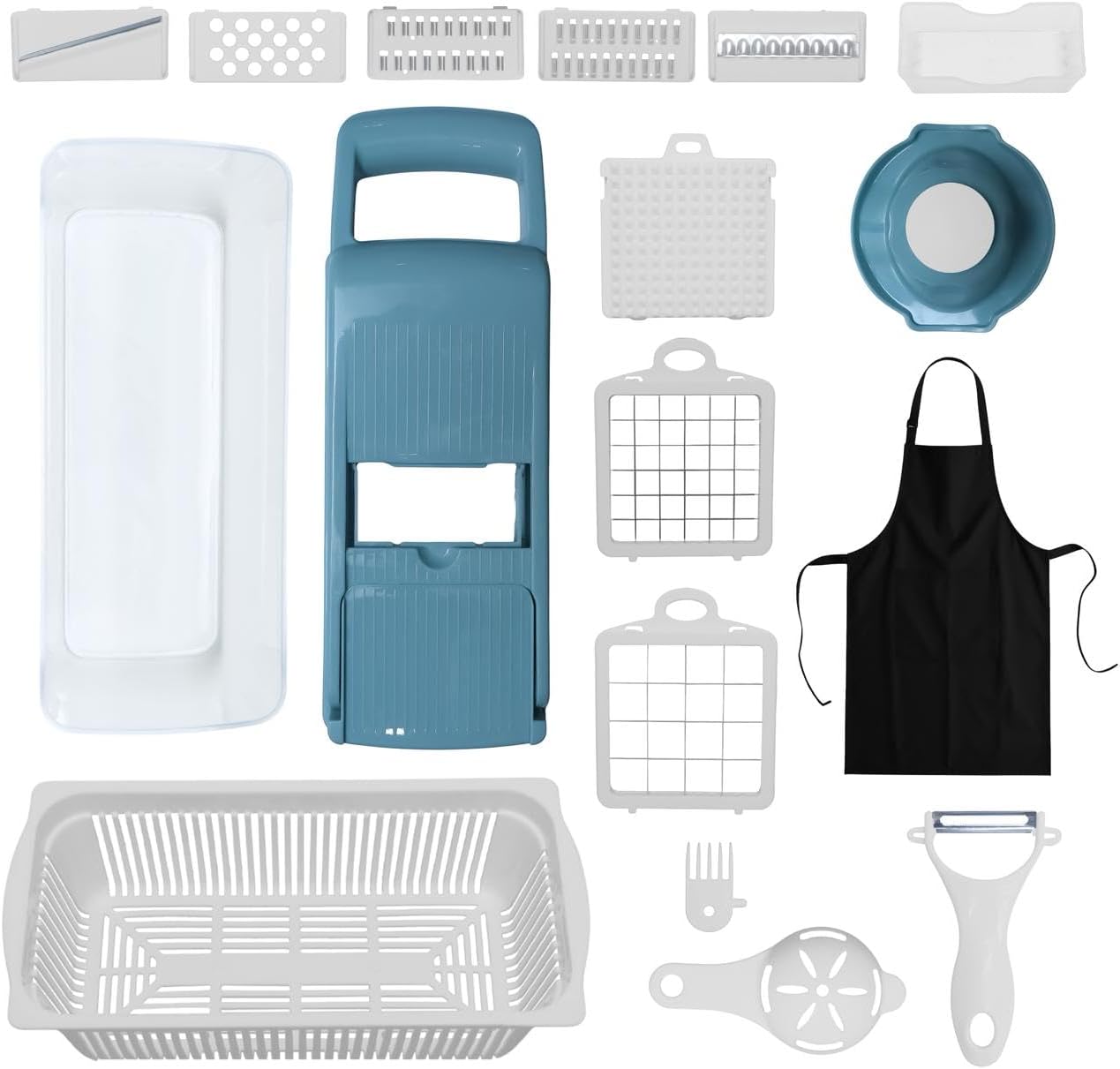 Kalmat Dynamics Food Chopper and Vegetable Slicer, 16-in-1 Multi-Function Kitchen Chopper with 7 Blades and Container, Free Black Cooking Apron (Pink+White)