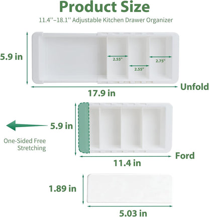 Expandable Measuring Cup Organizer & Measuring Spoon Organizer for Deep Drawers, 11.4''–18.1'' Adjustable Kitchen Drawer Organizer with 3 Dividers, Space-Saving Flatware Bin for Home & Kitchen