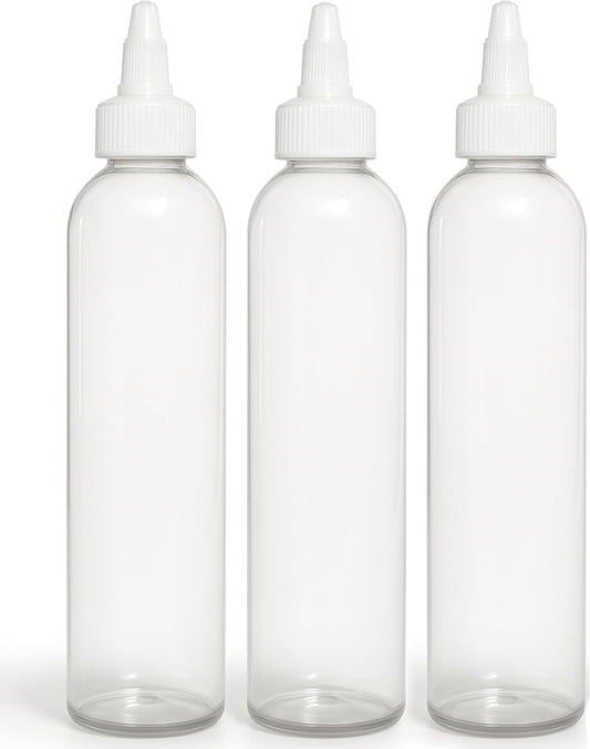 BRIGHTFROM Twist Top Applicator Bottles, 8 OZ Crystal Clear, Squeeze Empty Plastic Bottles, BPA-Free, PET, Refillable, Open/Close Nozzle - Multi Purpose (Pack of 3)
