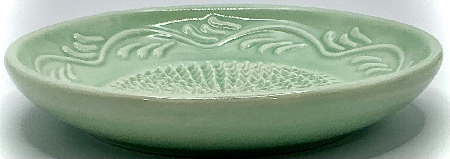 BonCera, All-in-one Premium Ceramic Garlic Grater Plate 4-Piece Set - Turquoise Floral Edge Design - For Garlic, Ginger, Chocolate, and more! - Comes with 5" Plate, Garlic Peeler, Brush, and Stand
