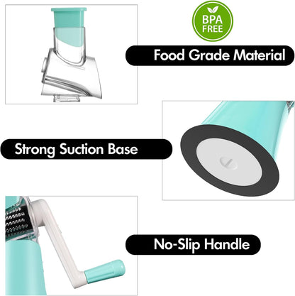 Rotary Cheese Grater with Handle, Round Mandoline Speed Kitchen Slicer, 3 in 1 Multifunctional Vegetable Shredder Manual Nut Grinder for Nuts, Potato, Carrot, Cucumber (Pink)