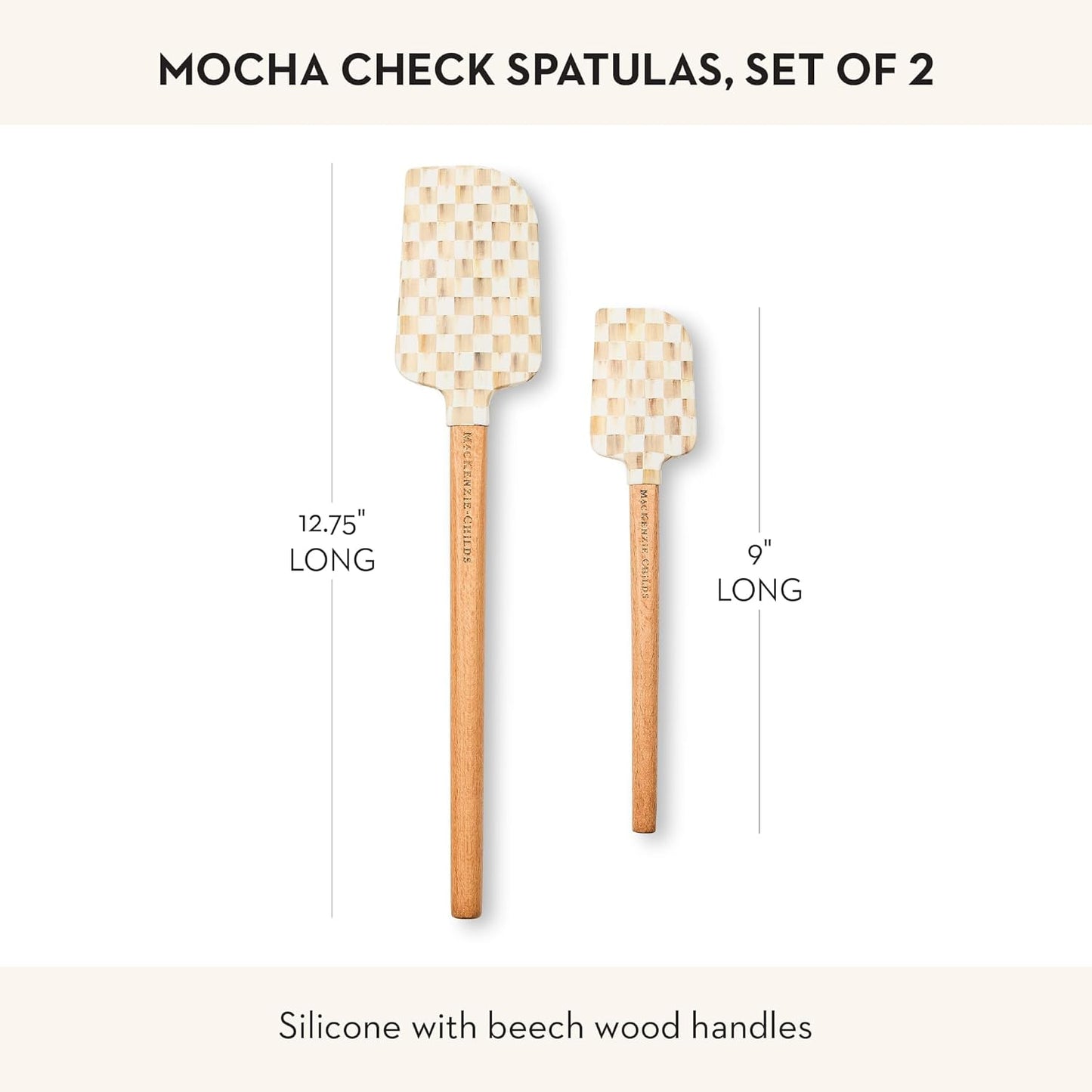 MACKENZIE-CHILDS Silicone Spatulas with Wooden Handles, Silicone Kitchen Spatula Set, 9 Inches and 12.75 Inches, Set of 2, Green-and-White Emerald Check