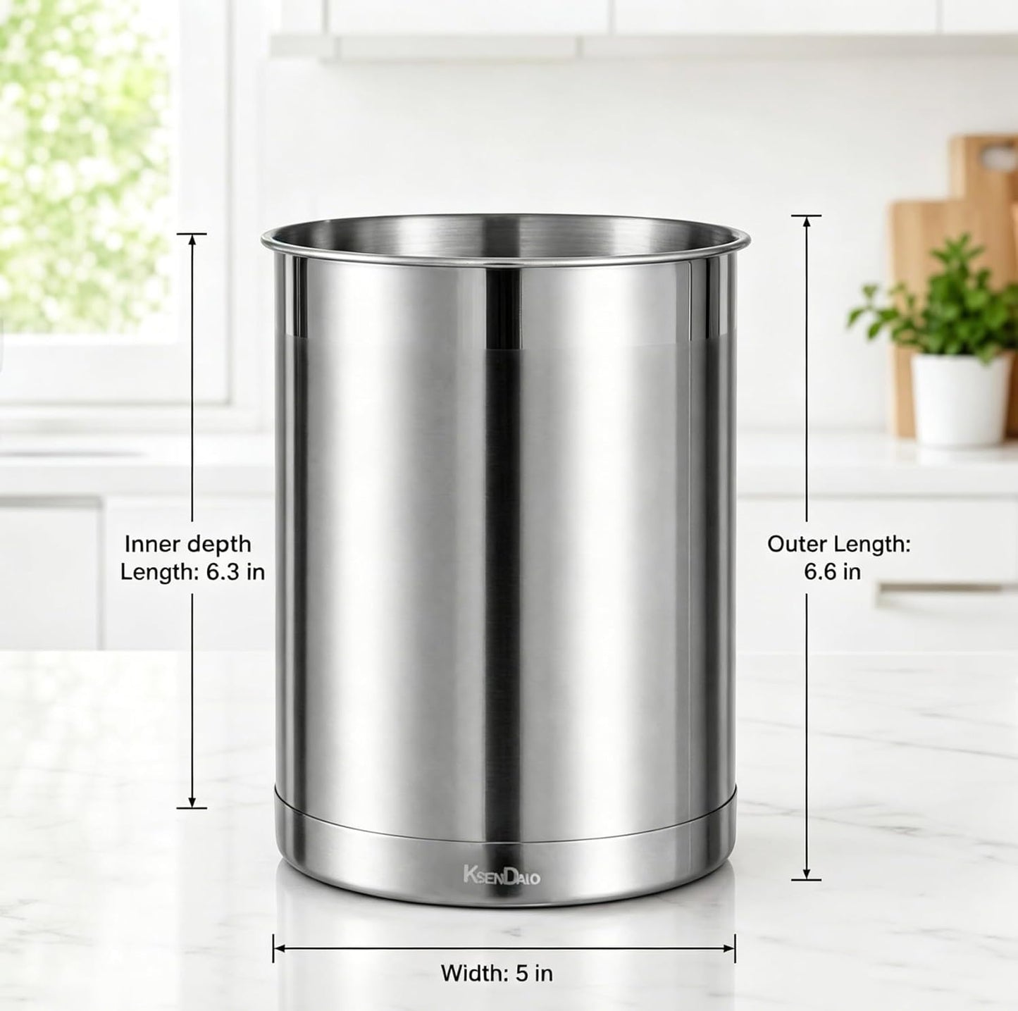 KSENDALO Stainless Steel Utensil Holder for Counter 5.0" Diameter, Brushed Metal Utensil Crock Canister for Cooking Utensils on Countertop, with Heavy Base, Dishwasher Safe,Silver