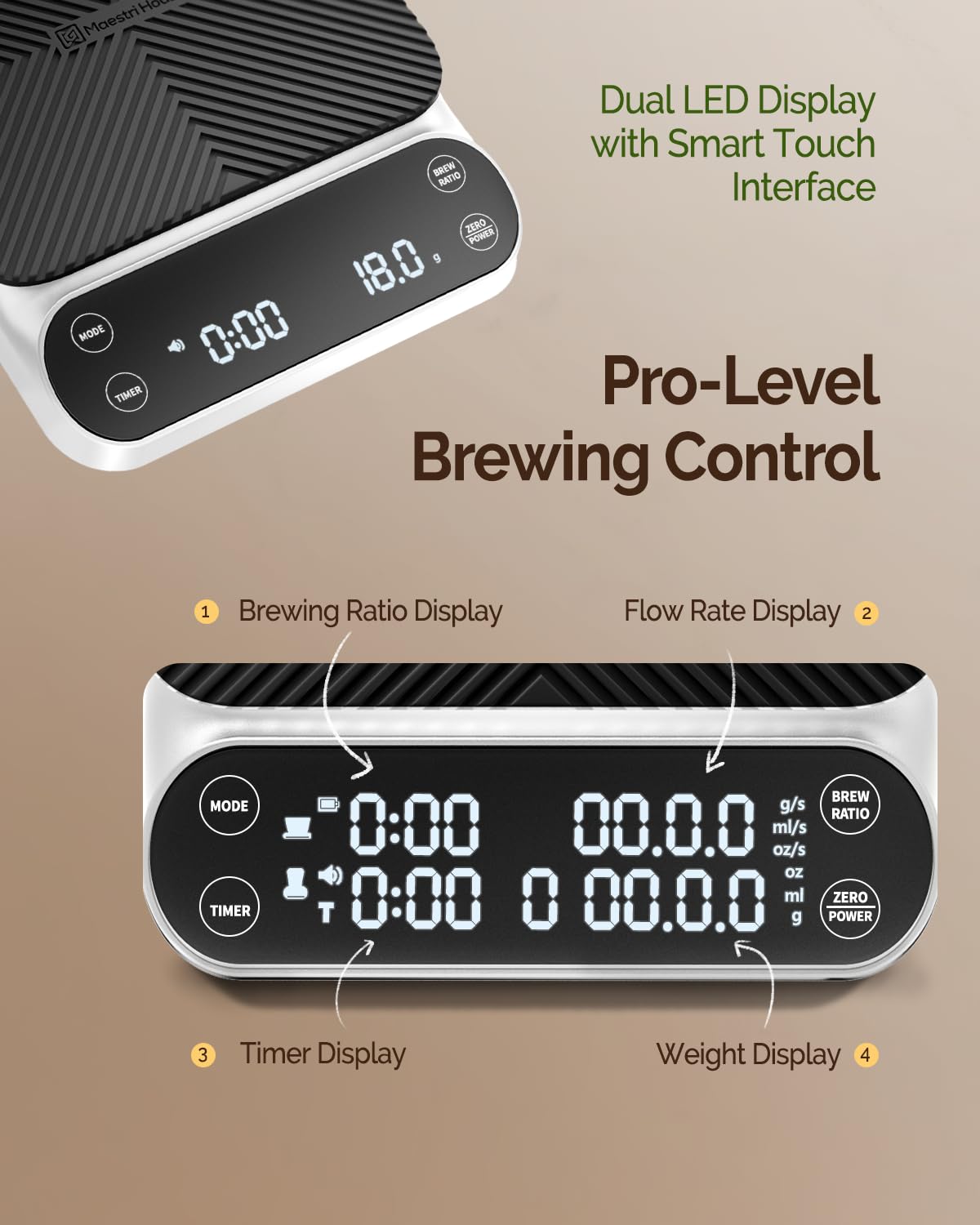 Maestri House S3 Coffee Scale with Timer, 3kg/0.1g Rechargeable Digital Scale, 3 Brew Modes, Adjustable Ratios & Flow Rate Display, Barista-Grade for Pour-Over, Espresso, French Press – Black