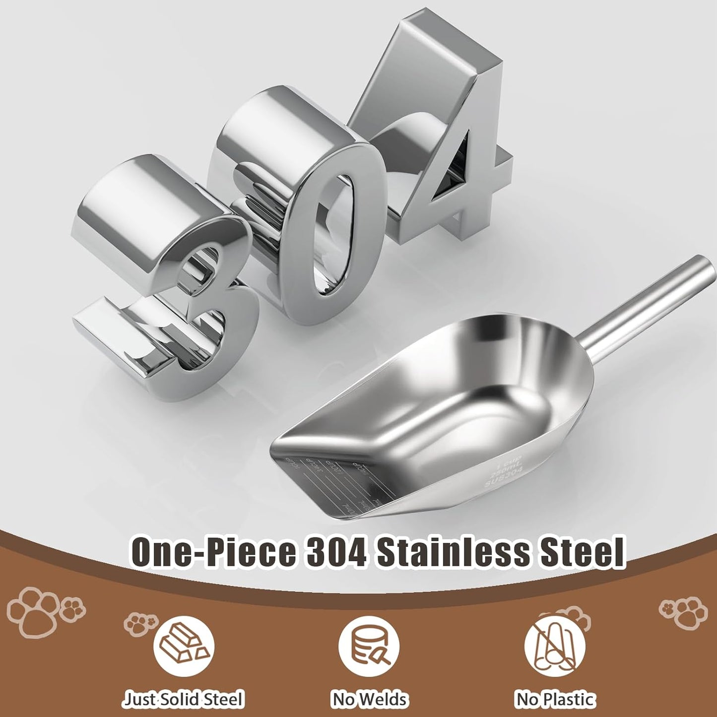 Pet cat-dog food-scoop measuring 1-cup - Food-grade 304 stainless steel material | 1-Cup capacity | Precision scale measurements