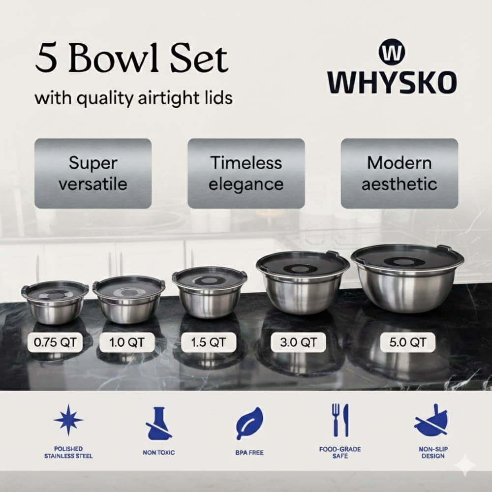 WHYSKO Stainless Steel Mixing Bowls with Lids Set - 5 Rustproof Metal Nesting Mixing Bowls for Kitchen, Meal Prep, Baking, Cooking, Storage - Includes 3 Grater Attachments, Dishwasher Safe