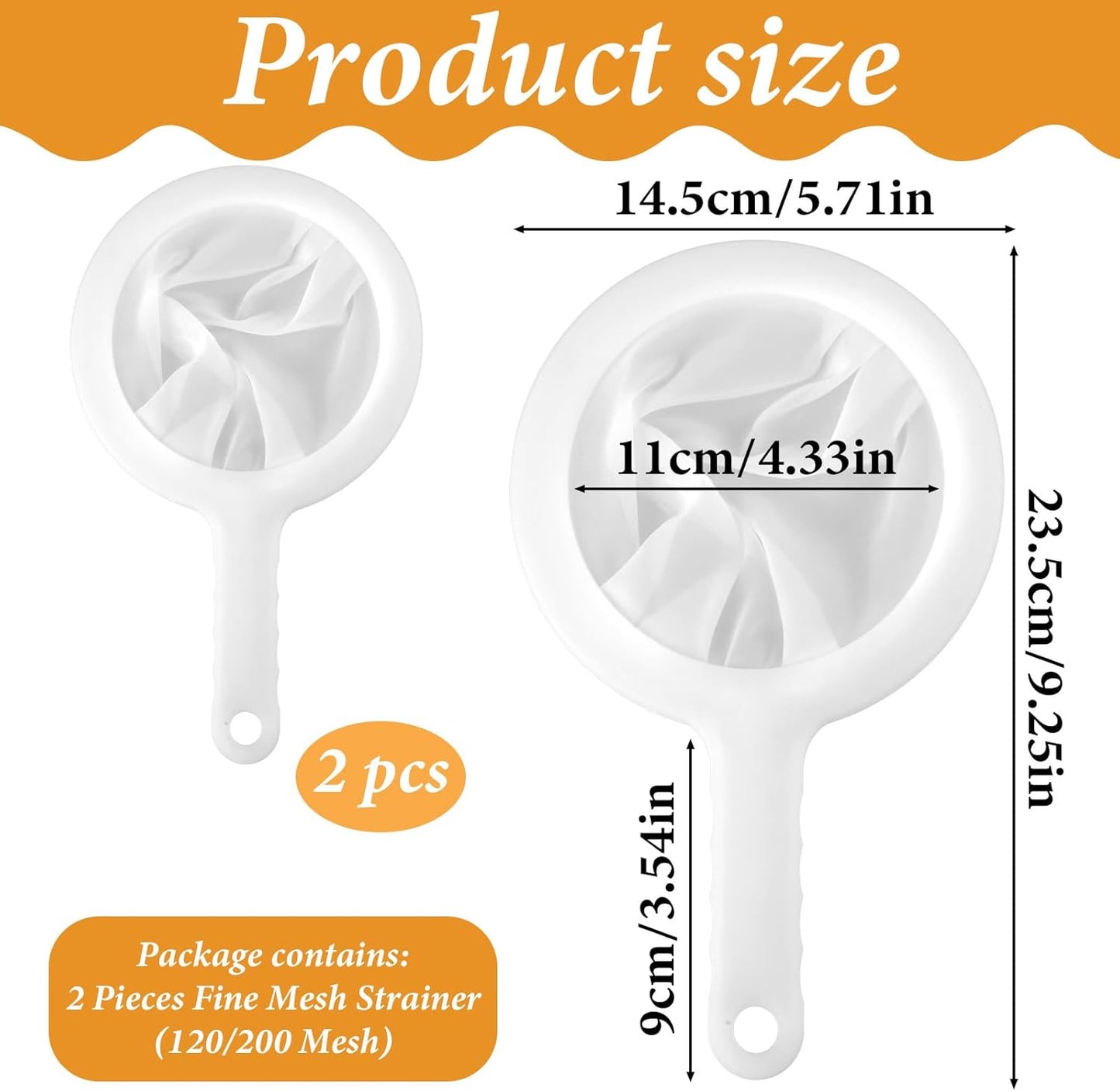 2PCS Fine Mesh Strainer Plastic Juice Strainer Plastic Mesh Colander with Handle Yogurt Mesh-Sieve Nylon Mesh-Strainer Net Strainers 120/200 Meshes Kitchen Sieve Filter for Tea Coffee Nut Milk Juice