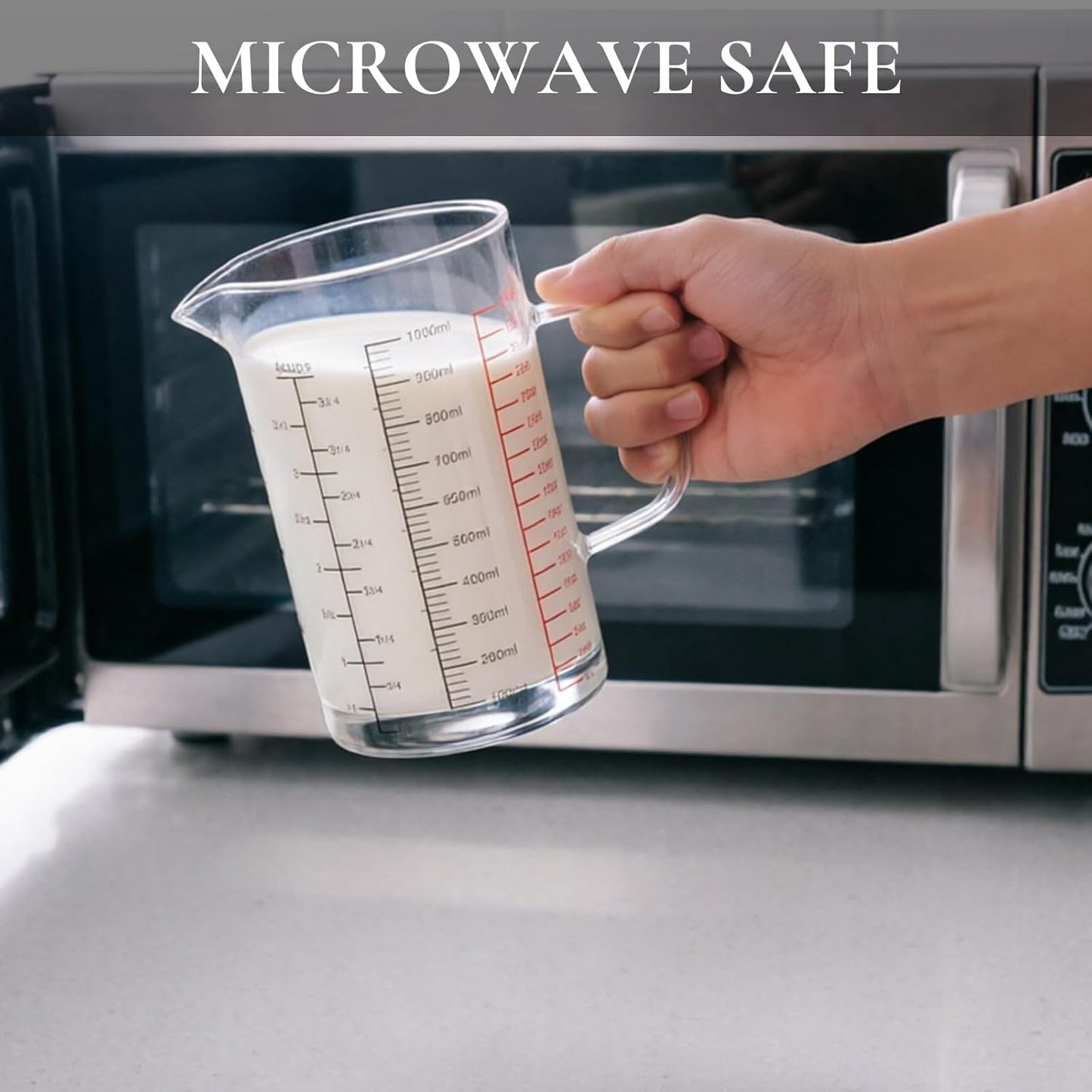 Glass Measuring Cup 4 Cup / 1000ML - Clear Glass Measuring Cup with Handle & V-Shaped Spout, Triple Scale (ML/OZ/Cup), Liquid Measuring Cup for Cooking & Baking