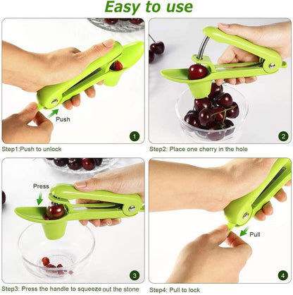 Cherry Pitter,Olive Seed Remover Tool with Food-Grade Silicone Cup,Portable Fruit Corer Cherry Stoner Kitchen Aid Machine with Space-Saving Lock Design(Green)