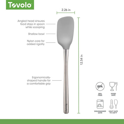 Tovolo Flex Core Silicone Spatula Spoonula Set of 2 for Non Stick Cast Iron Cooking & Baking, Dishwasher Safe Heat Resistant BPA Free Long Stainless Steel Handle Kitchen Utensil, Charcoal Gray