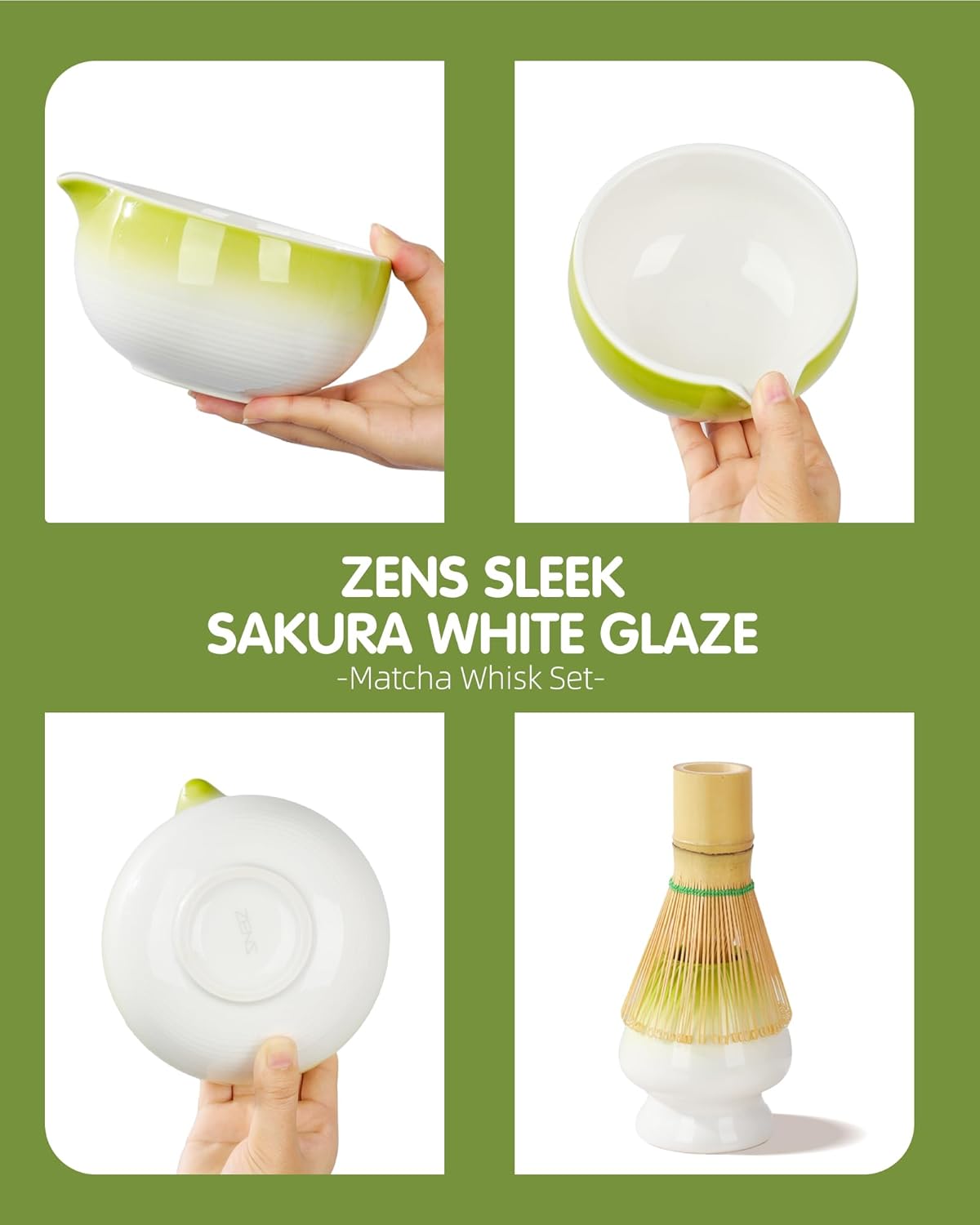 ZENS Pink Matcha Set, Matcha Whisk Set Includes 15oz Ceramic Bowl & (Chasen Holder), Bamboo Whisk & Scoop, Sifter and Pink Tea Towel, 6pcs Matcha Kit for Matcha Lovers