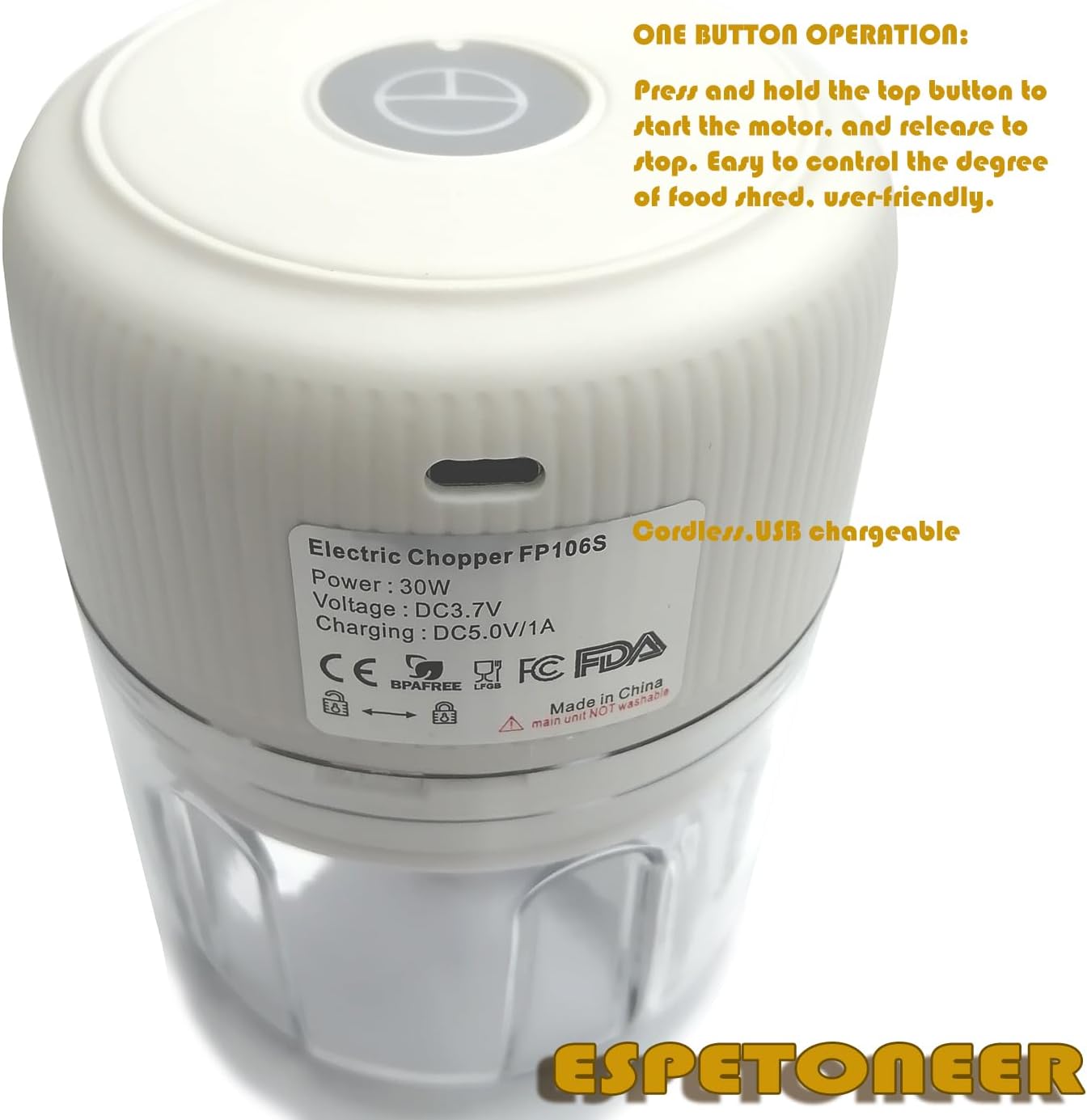 Electric Garlic Chopper , Cordless USB Chargeable Mini Food Processors 250ML (White)
