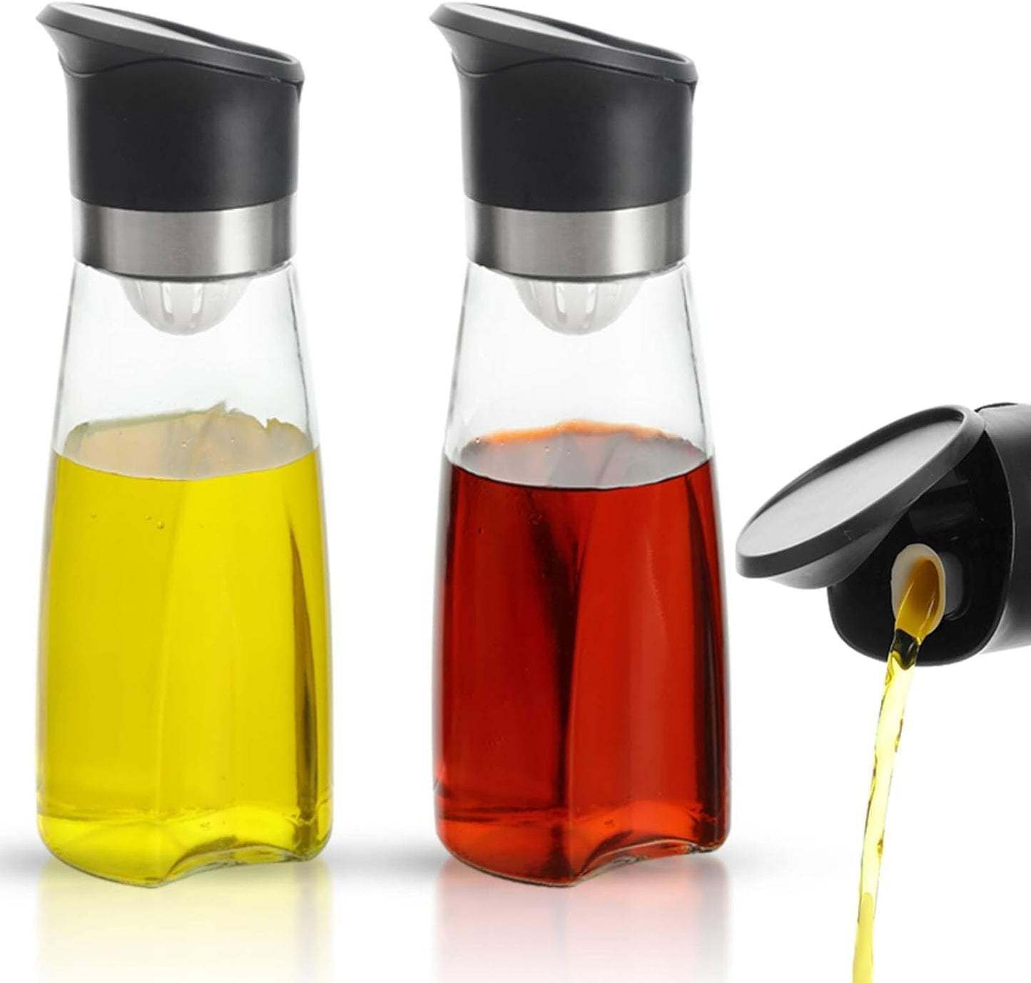 Premium Glass Olive Oil and Vinegar Dispenser Bottles Set, 2-Piece 16oz Kitchen Cooking Cruet with Auto-Open Lid, Non-Drip Pouring Spout, Oil Infuser Filter, Dishwasher Safe