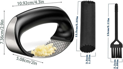 Garlic Press Rocker,New Stainless Steel Garlic Mincer Garlic Crusher Set,3-in-1 Garlic Crusher,Peeler with Cleaning Brush,Easy Squeeze Rocker Design for Smashing Garlic Kitchen Gadget