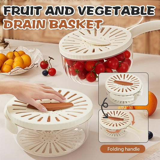 Multi-Functional Fruit and Vegetable Washing Bowl, Fruit Strainer Container with Lid, 2 In 1 Sealed Drainer Basket, Drainer and Freshness Basket, Kitchen Tool with Foldable Handle (White 2pcs)