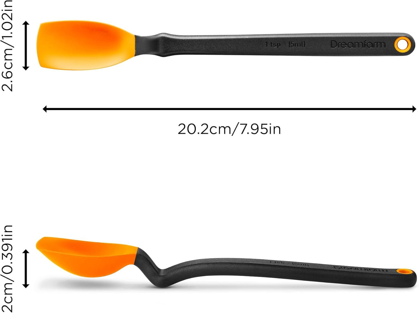 Dreamfarm Mini Supoon Non-Stick Sit-Up Silicone Scraping Cooking Spoon, Jar Scraper Measures 5ml Tsp - 8" Yellow