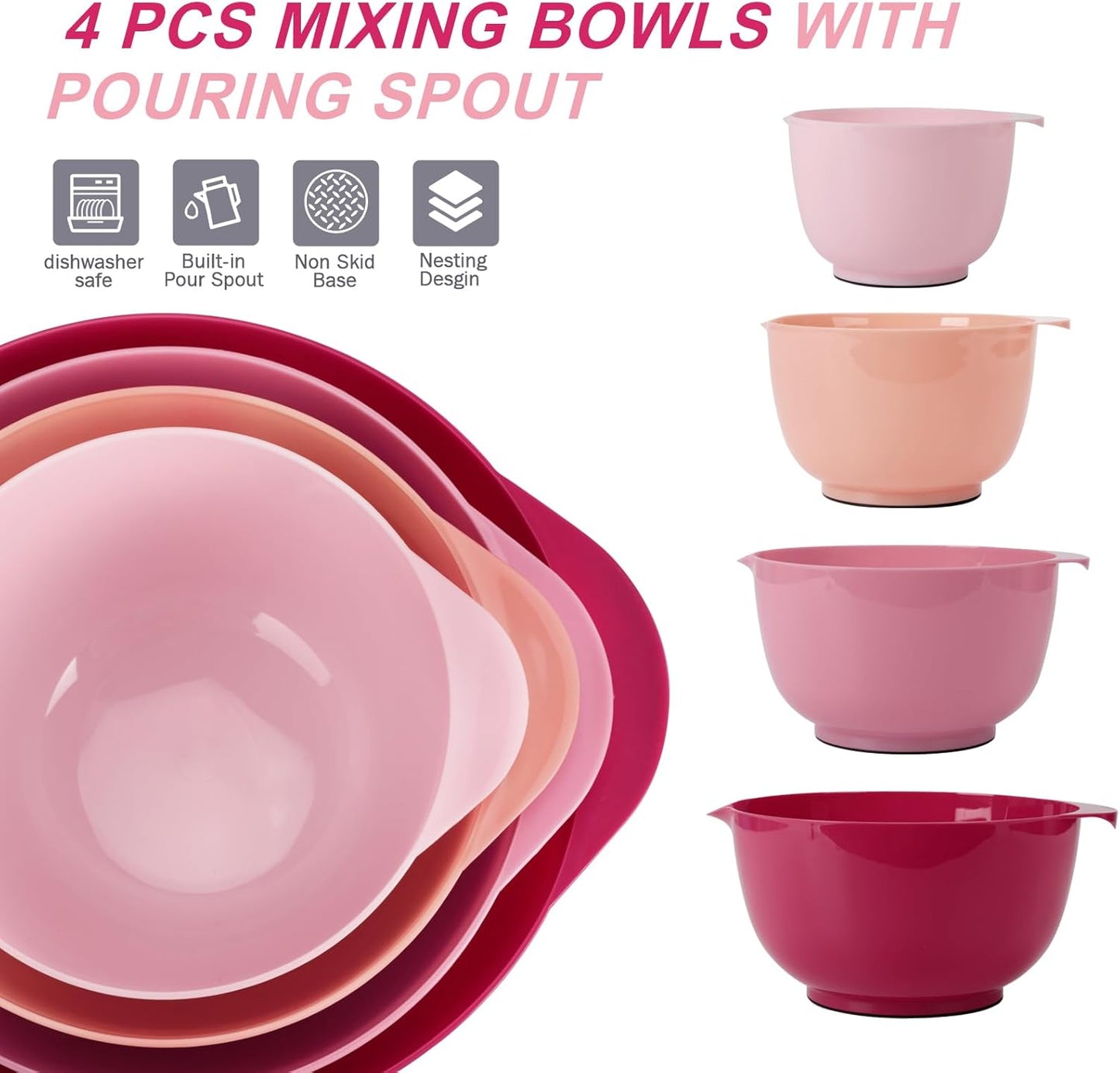 BoxedHome Green Ombre Nesting Plastic Mixing Bowl Set With Pour Spout, Microwave and Dishwasher Safe, BPA free Non-Slip Base, Set of 4 Size 1.7, 2.5, 3.5 and 4.5qt, Great for Prepping, Baking, Cooking
