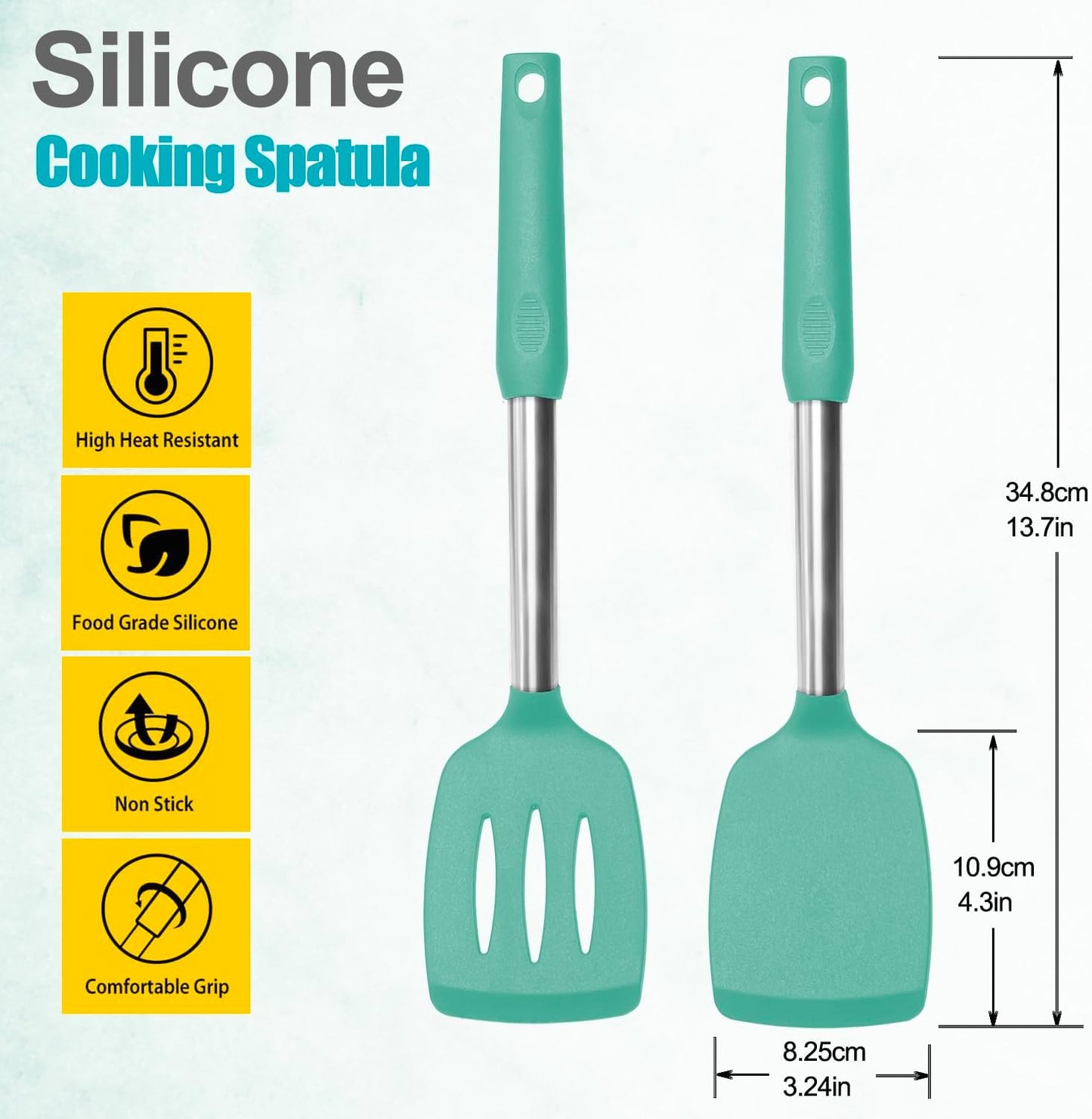 2 Pack Spatulas, Solid & Slotted Silicone Spatula Set, Stainless Steel Handle Coated with Silicone, Non Stick Turners, Heat Resistant Rubber Spatulas for Fish, Eggs, Pancakes, WOK, Black