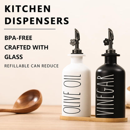 HOMCDALY Premium Olive Oil Dispenser for Kitchen, 11.8oz Glass Oil Bottles with Bamboo Tray, White and Gold Oil&Vinegar Cruet Set, Kitchen Dispenser Bottles with Pourer| Set of 2 (11.8oz –P–Gold)