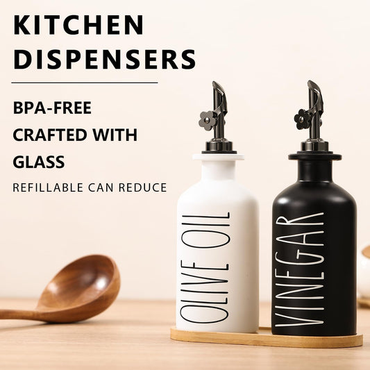 HOMCDALY Premium Olive Oil Dispenser for Kitchen, 11.8oz Glass Oil Bottles with Bamboo Tray, White and Gold Oil&Vinegar Cruet Set, Kitchen Dispenser Bottles with Pourer| Set of 2 (11.8oz –P–Gold)