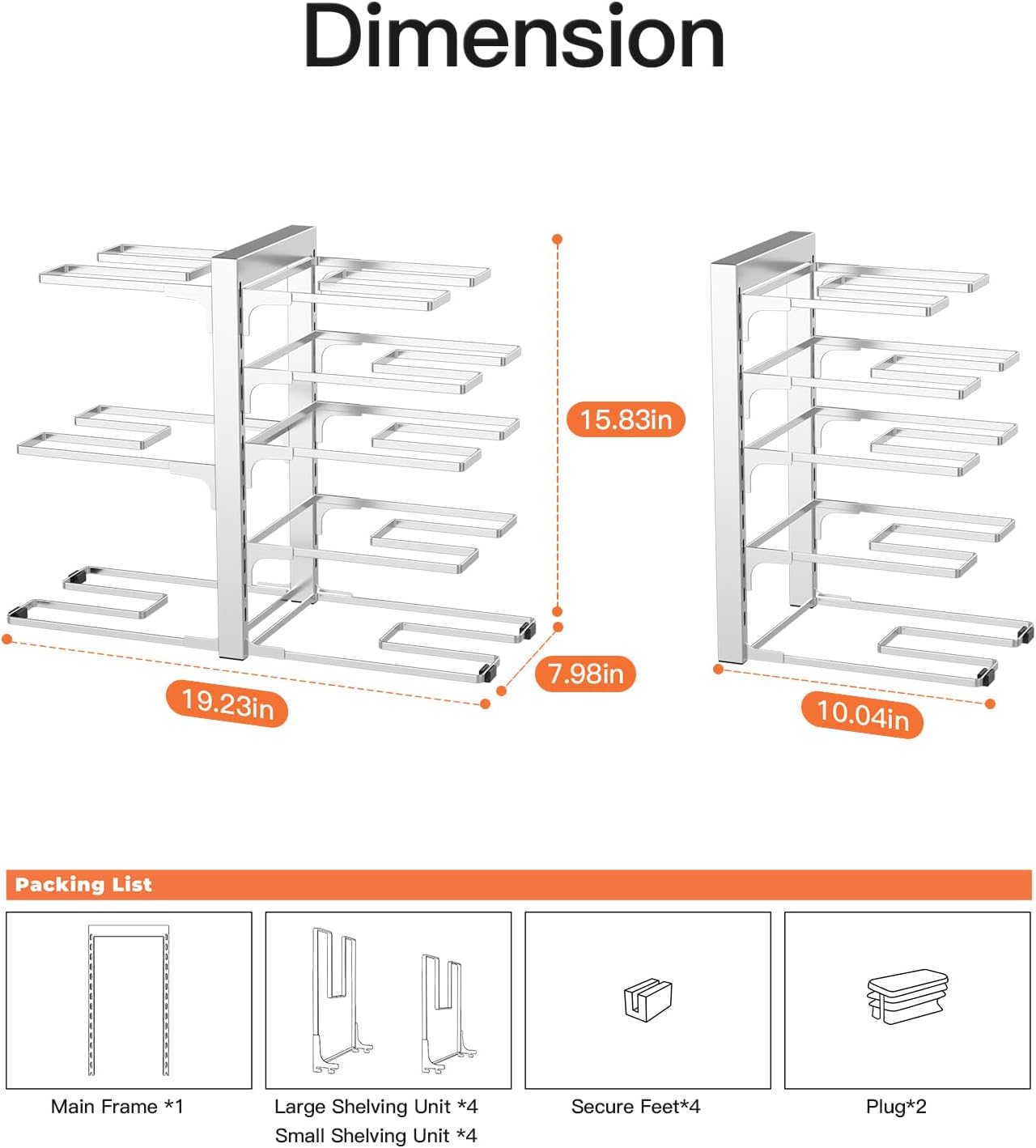 ORDORA Pots and Pans Organizer for Cabinet 16.61 Height, 8 Tier Pot Organizers Rack with 3 DIY Methods, Adjustable Pan Organizer under Cabinet Kitchen Organization and Storage