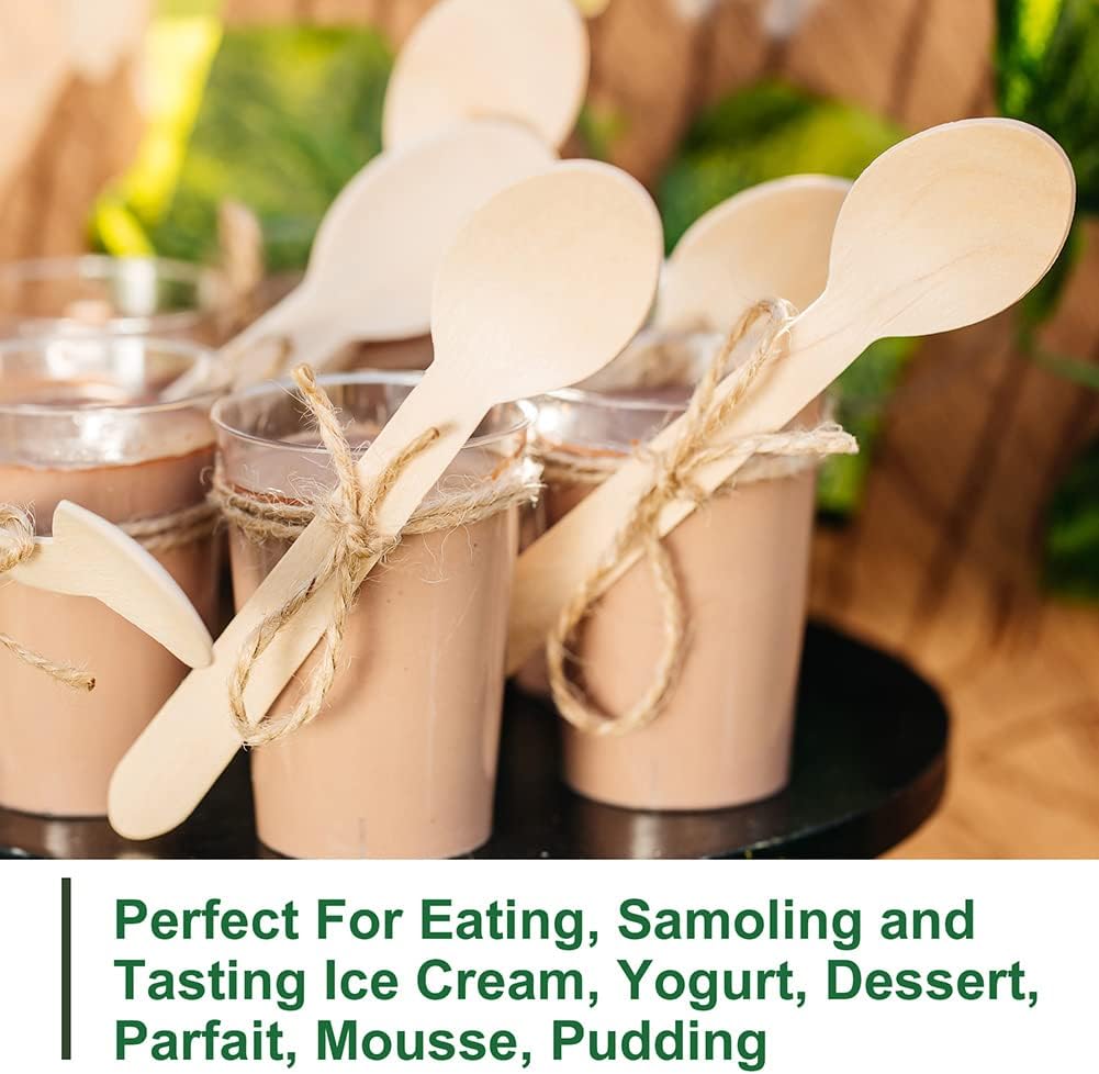 LotFancy Mini Wooden Spoons, Pack of 100, 4 inch Length, Disposable Tasting Sampling Spoons, Biodegradable Compostable Eco-friendly Birchwood Taster Spoons
