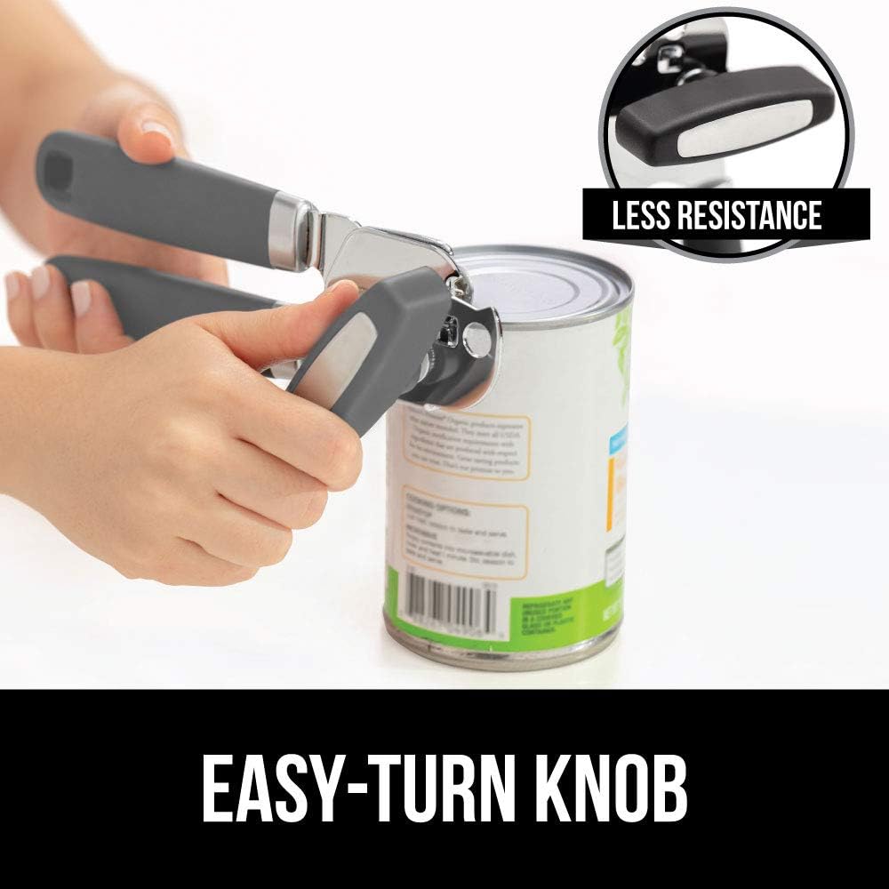 Gorilla Grip Manual Handheld Strong Can Opener, Sharp Cutting Wheel for Smooth Edge Cut, Oversized Easy to Use Turn Knob, Comfortable Soft Handle, Includes Built in Bottle Opener, Salt Gray