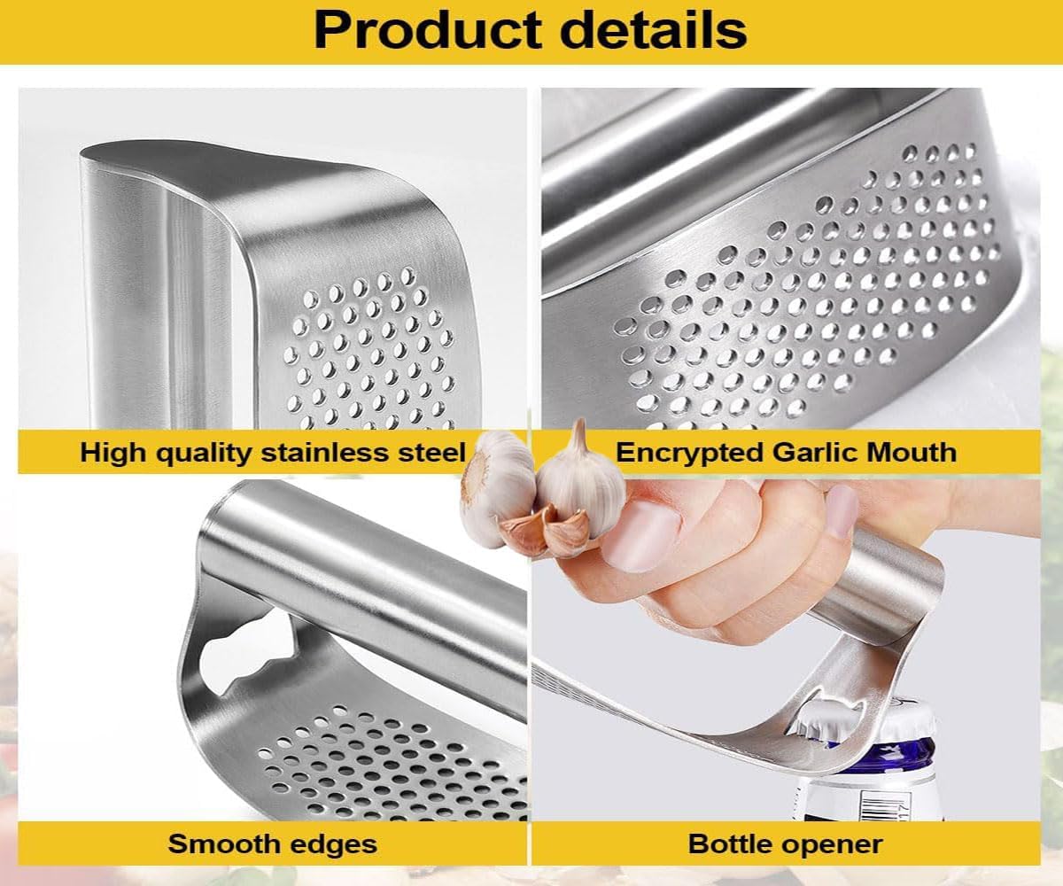 Garlic Presses,Stainless Steel Garlic Presser, Garlic Press Rocker Heavy Duty Stainless Steel Garlic Mincer, Garlic Chopper with Peeler And Cleaning Brush for Smash Garlic Kitchen Tools(1Set)
