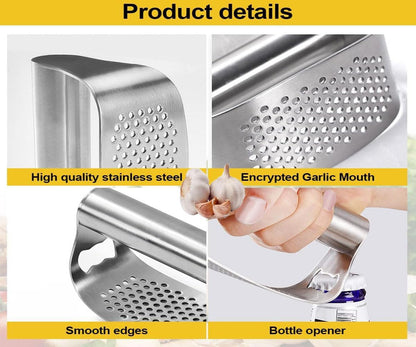 Garlic Presses,Stainless Steel Garlic Presser, Garlic Press Rocker Heavy Duty Stainless Steel Garlic Mincer, Garlic Chopper with Peeler And Cleaning Brush for Smash Garlic Kitchen Tools(1Set)
