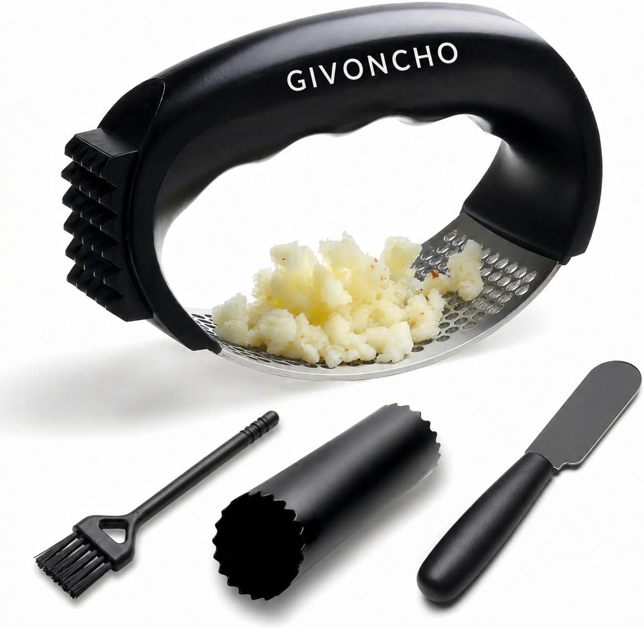 Garlic Grinder & Press Rocker Set – Stainless Steel Garlic Crusher, Mincer & Rolling Tool with Peeler, Spatula and Brush for Extracting Smooth Garlic Paste