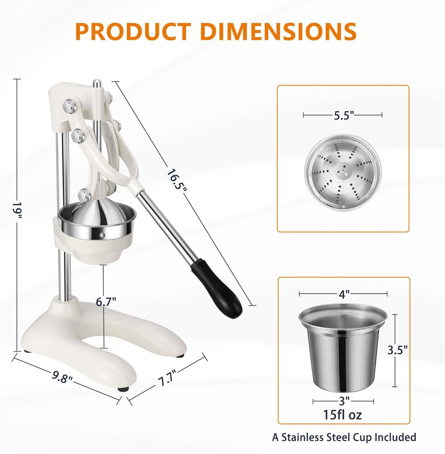 TONGCHANT Manual Juicer, Heavy Duty Cast Iron Juicer | Hand Press Juicer for Orange Lemon Lime Pomegranate & Citrus Fruits, High Leverage for Easy Juicing, Stainless Steel Cup, Easy to Clean, Black